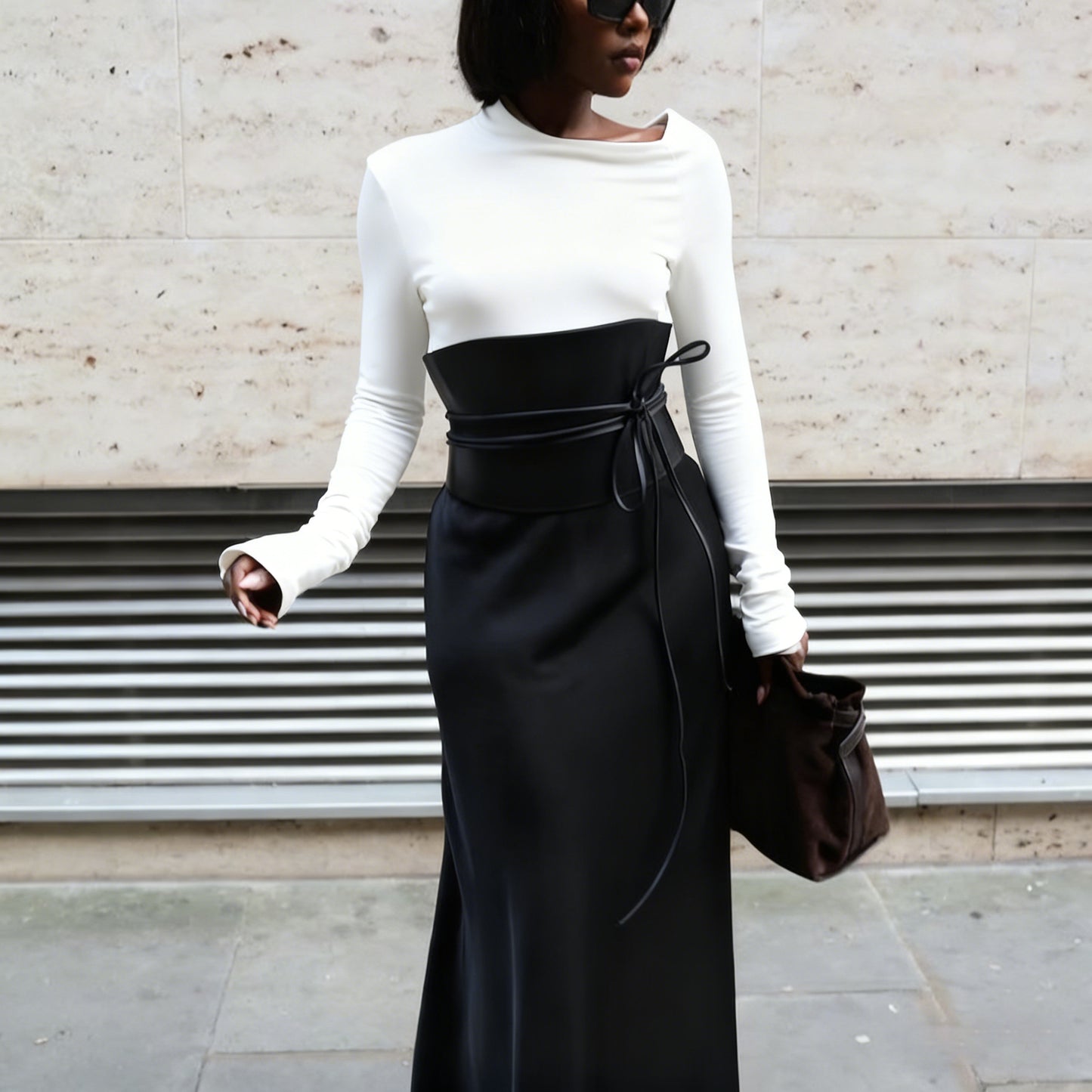 Black Minimalist Two-Piece Set With Leather Belt