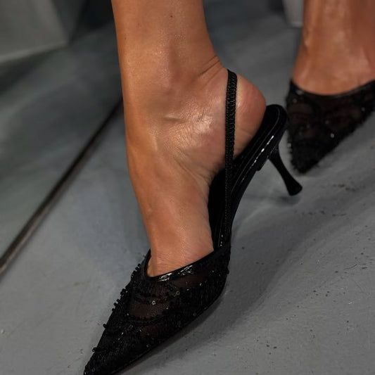 Glamorous Black Mesh Stiletto Slingbacks