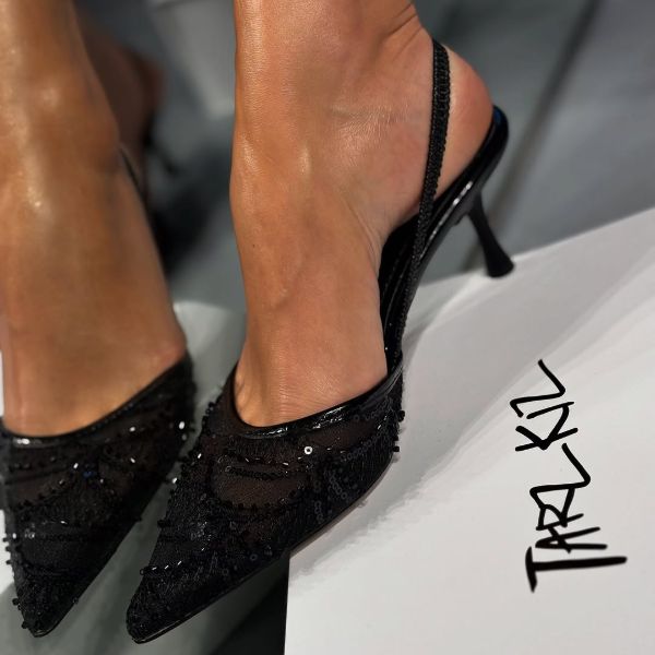 Glamorous Black Mesh Stiletto Slingbacks