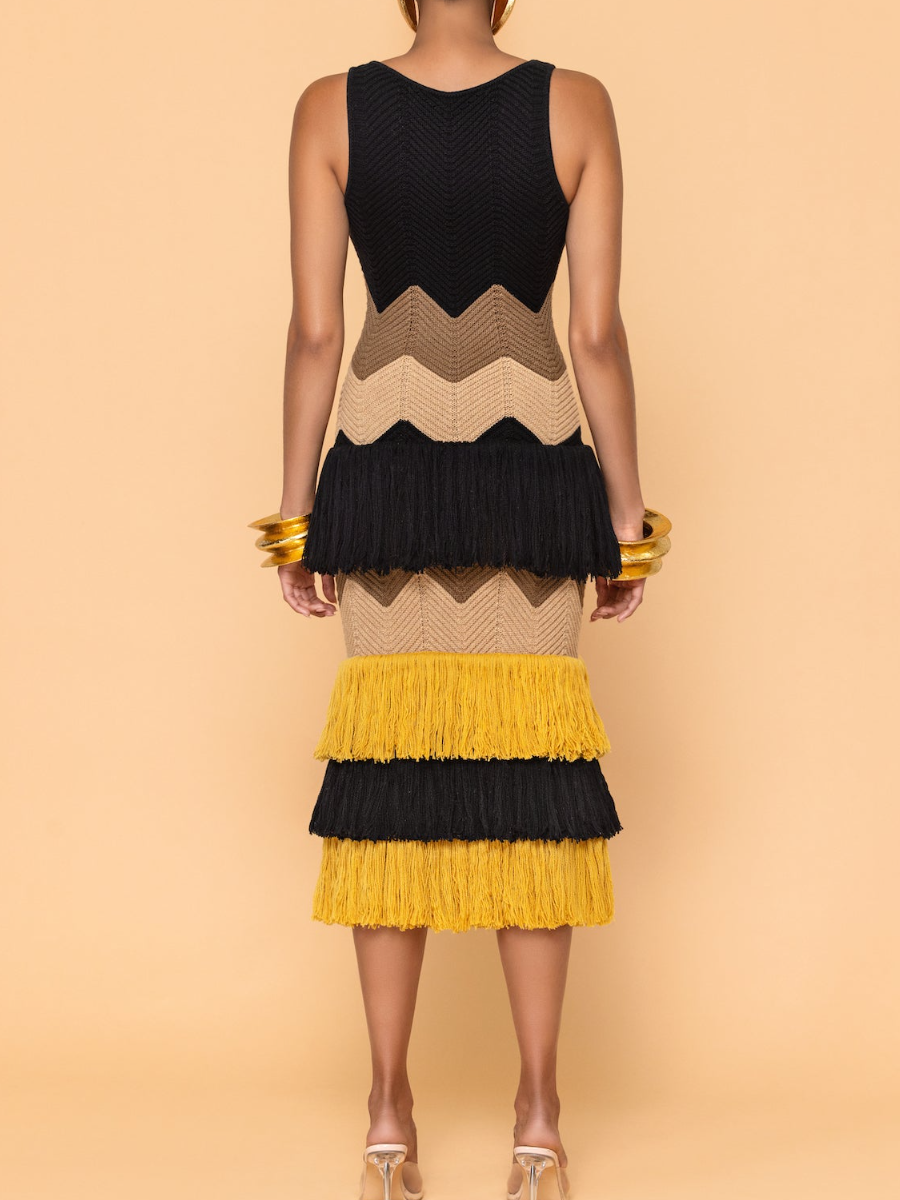 Dark V Contrast Knit Laminated Fringe Dress