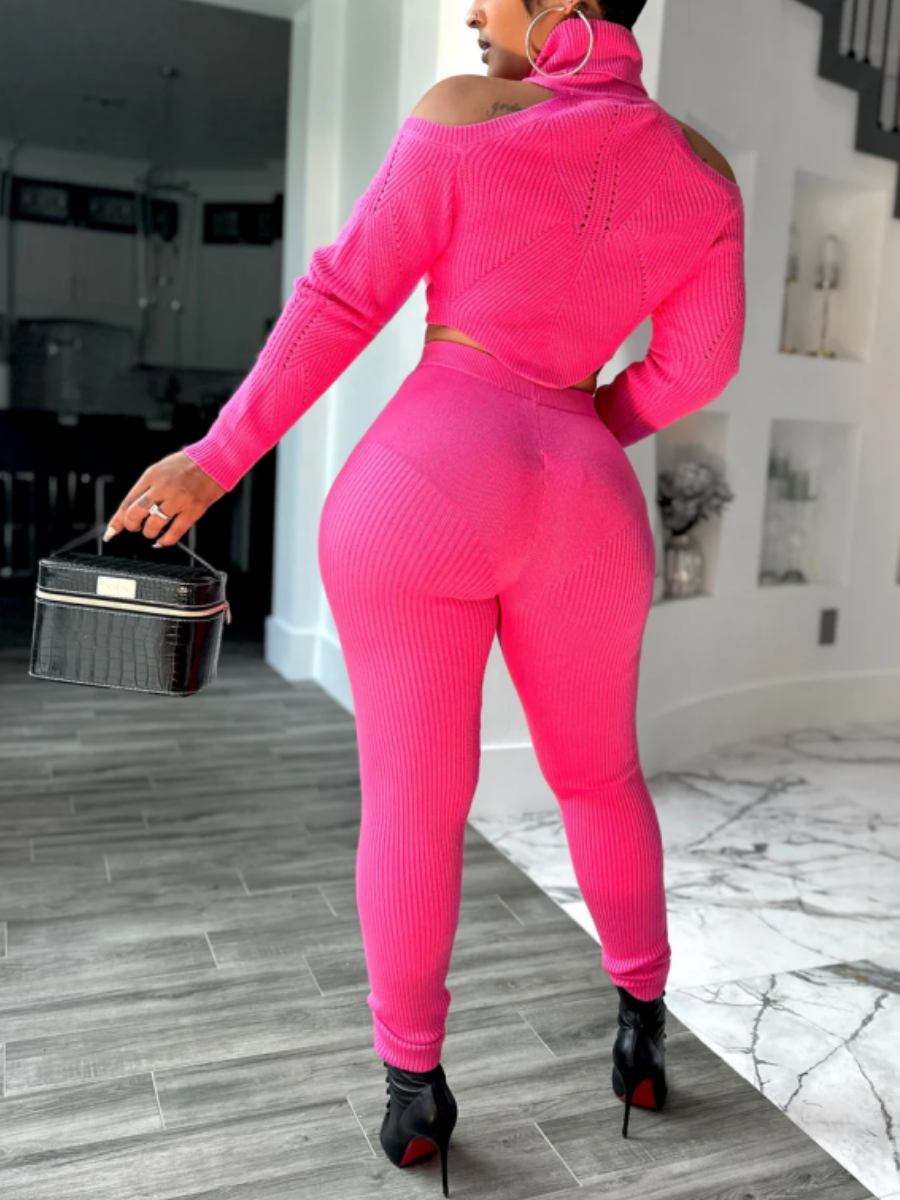 Rib Design Shoulder Cutout Knit Set