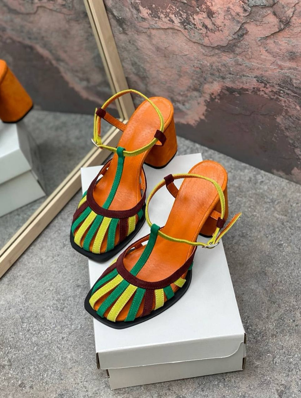 Color Block Strappy Block Heel Sandals