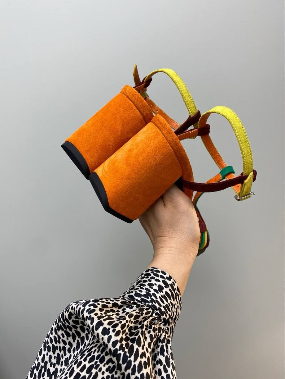 Color Block Strappy Block Heel Sandals