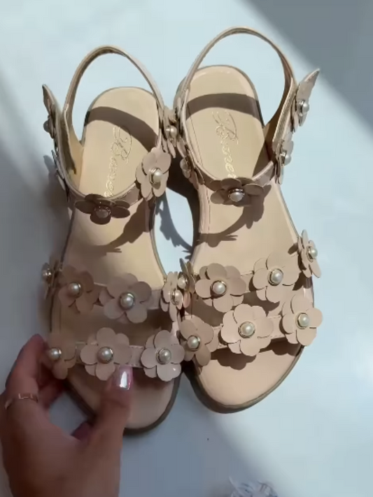 Floral Pearl-Embellished Flat Sandals