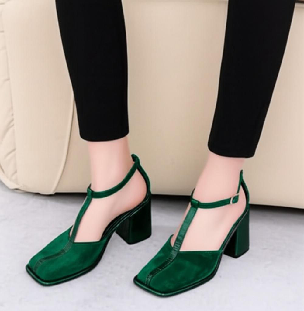 Ankle Strap Square Toe Block Heels