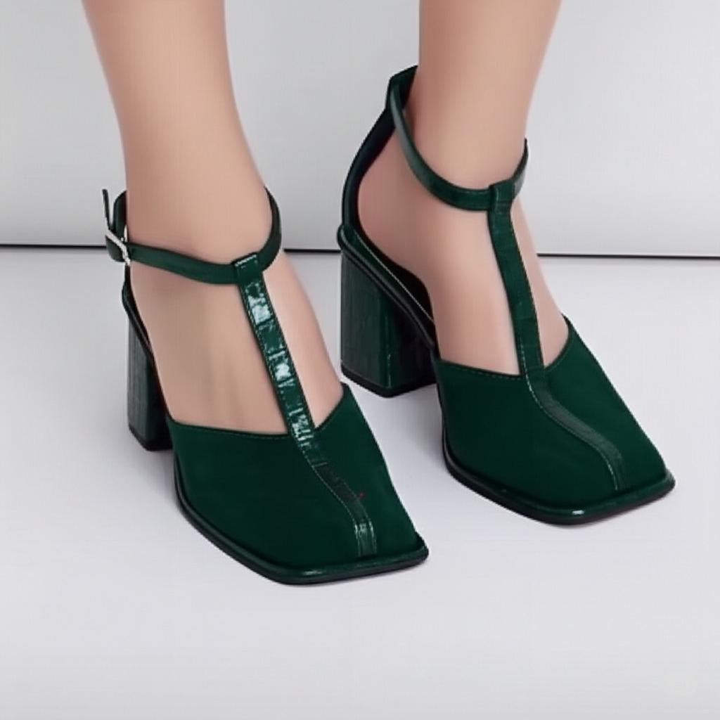 Ankle Strap Square Toe Block Heels