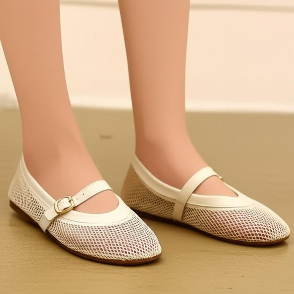 Mesh Ankle Strap Ballet Flats