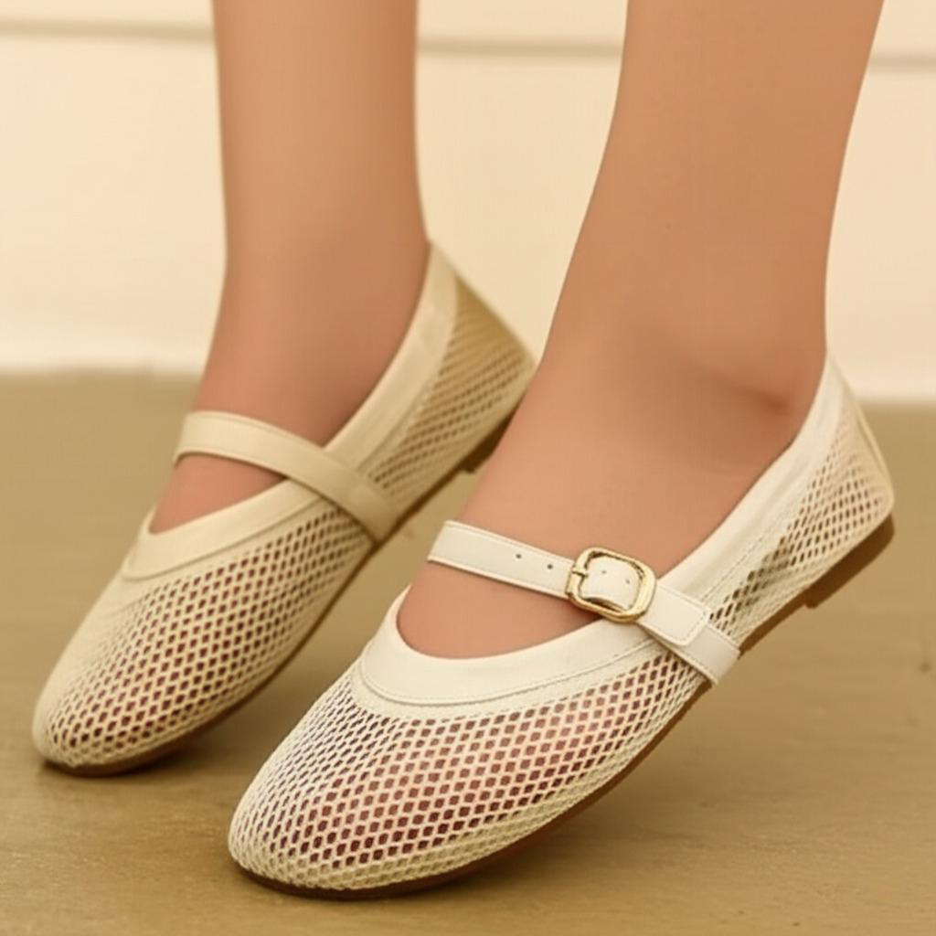 Mesh Ankle Strap Ballet Flats