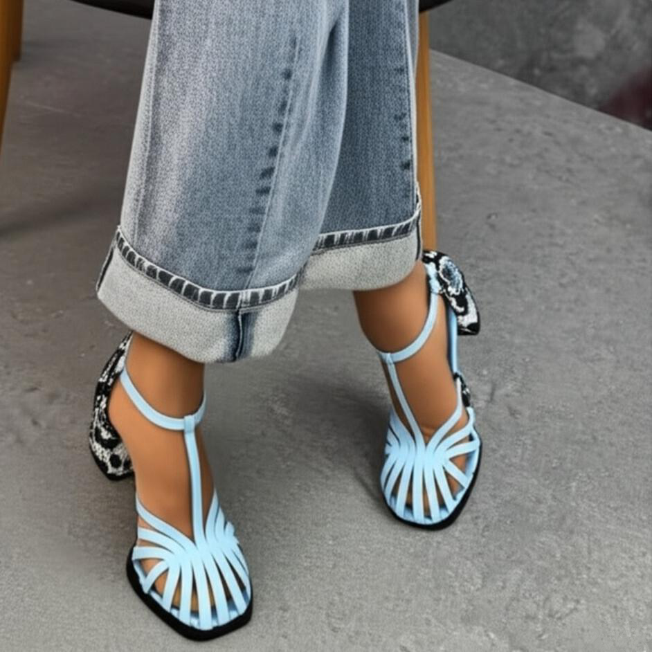 Snake Print Block Heel T Strap Sandals