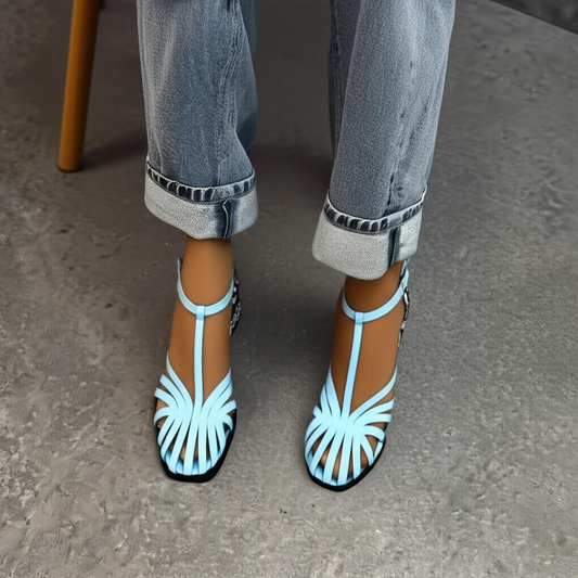 Snake Print Block Heel T Strap Sandals