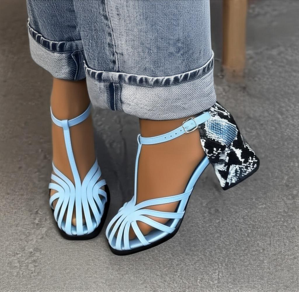 Snake Print Block Heel T Strap Sandals
