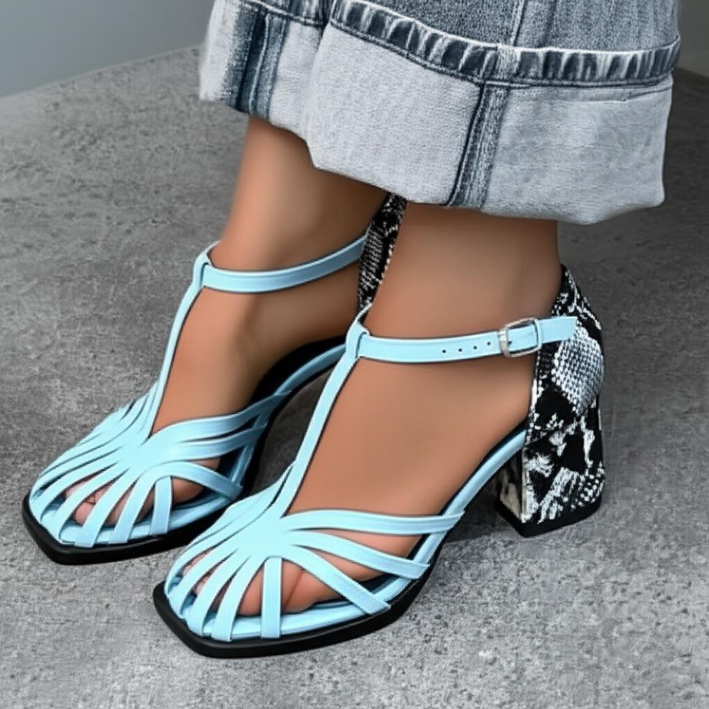 Snake Print Block Heel T Strap Sandals