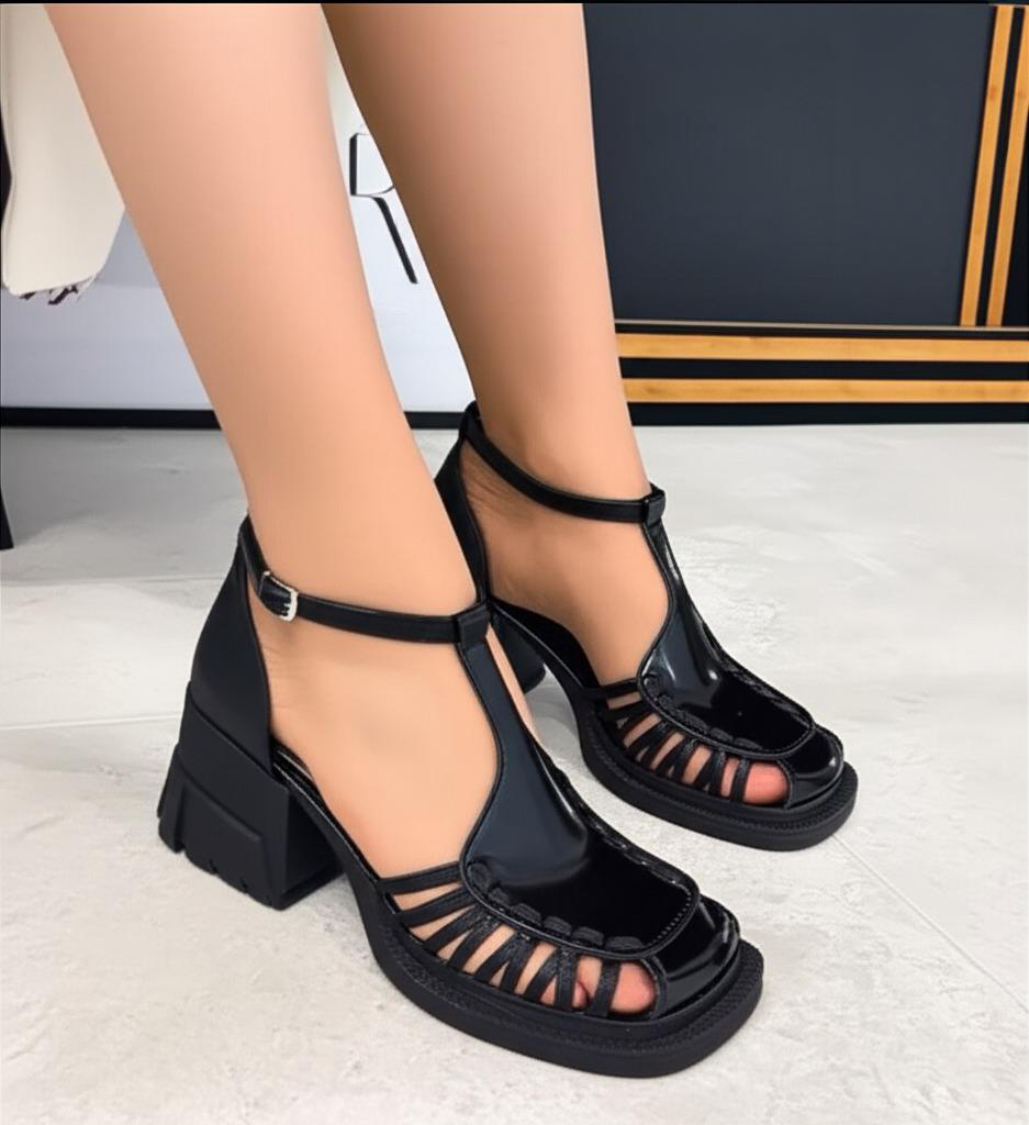 T Strap Block Heel Sandals