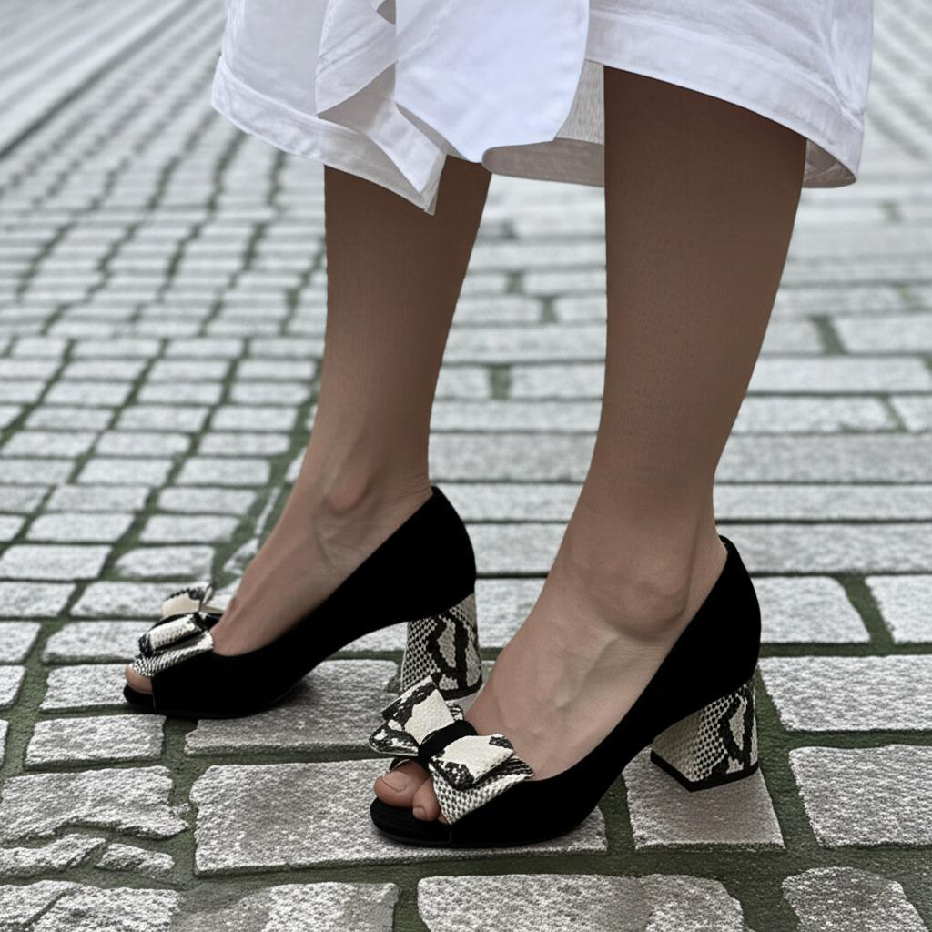 Snake Print Bow Block Heel Pumps