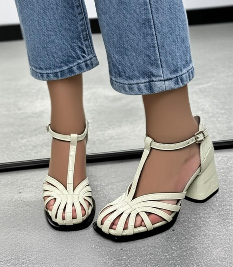 Crocodile Embossed Block Heel Sandals