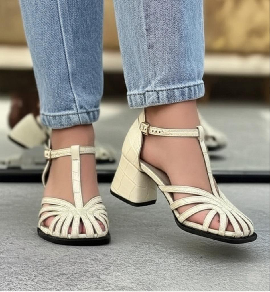 Crocodile Embossed Block Heel Sandals