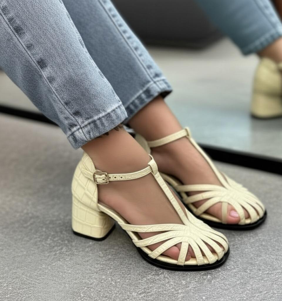 Crocodile Embossed Block Heel Sandals
