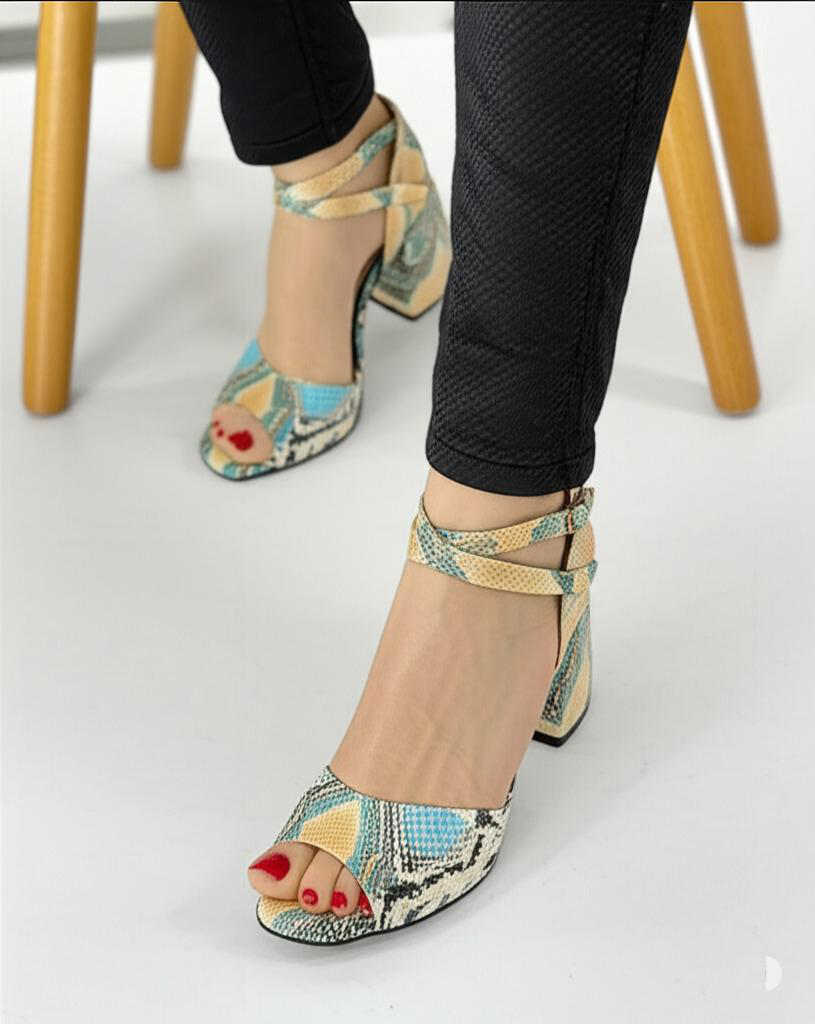 Snake Print Block Heel Ankle Strap Sandals
