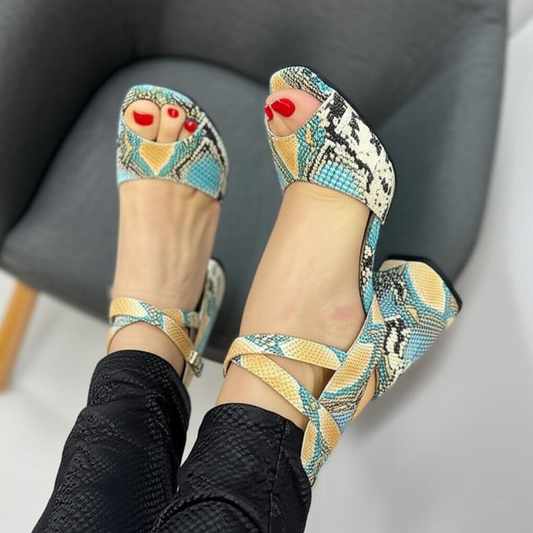 Snake Print Block Heel Ankle Strap Sandals