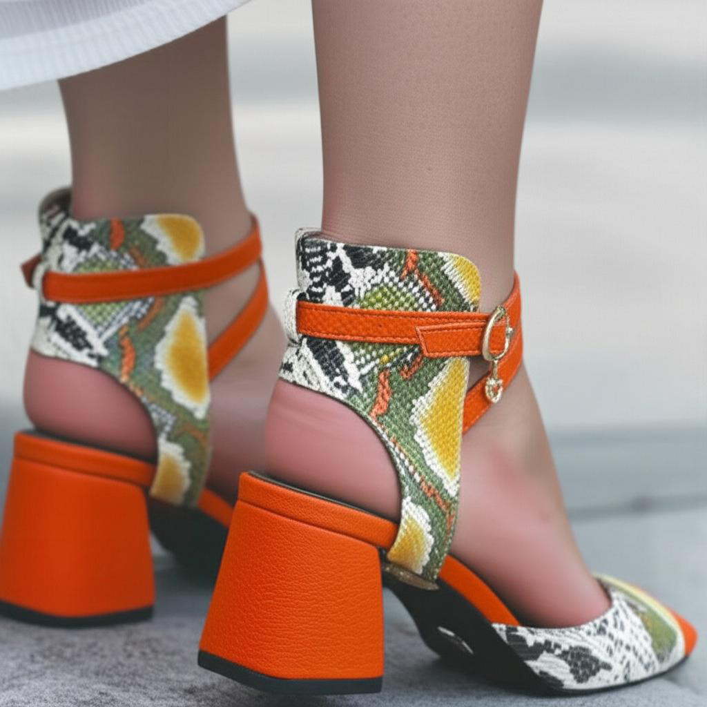 Snake Print Block Heel Ankle Strap Sandals