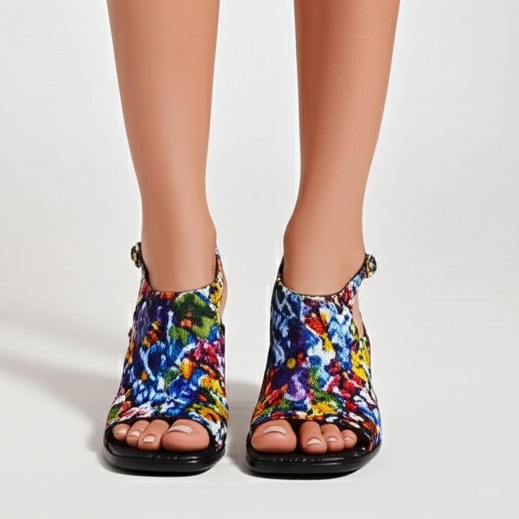 Floral Print Block Heel Ankle Strap Sandals