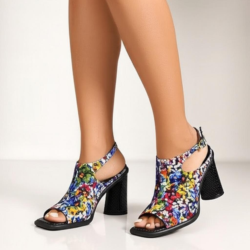 Floral Print Block Heel Ankle Strap Sandals