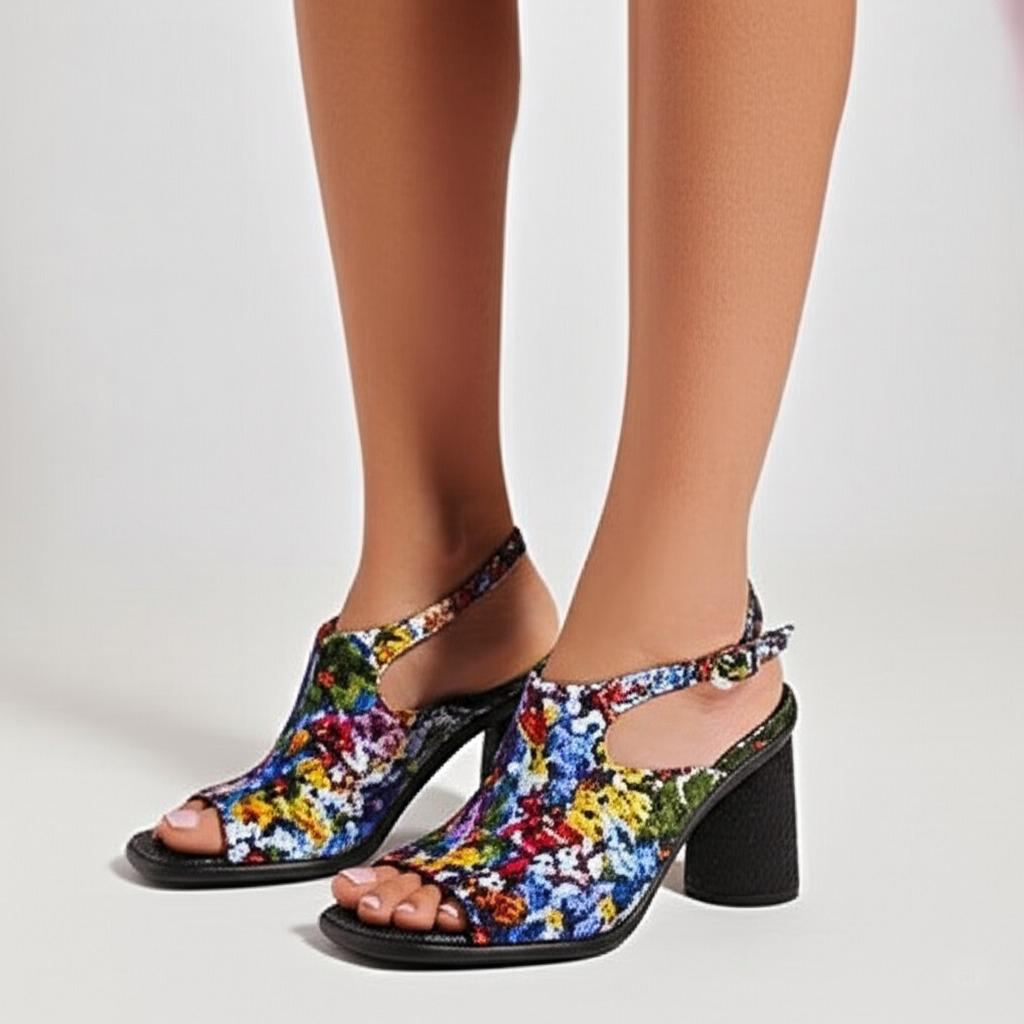 Floral Print Block Heel Ankle Strap Sandals