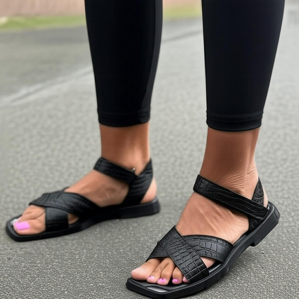 Crocodile Embossed Cross Strap Sandals