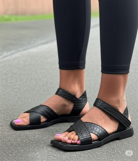 Crocodile Embossed Cross Strap Sandals
