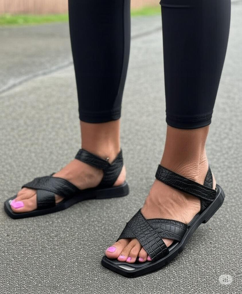 Crocodile Embossed Cross Strap Sandals