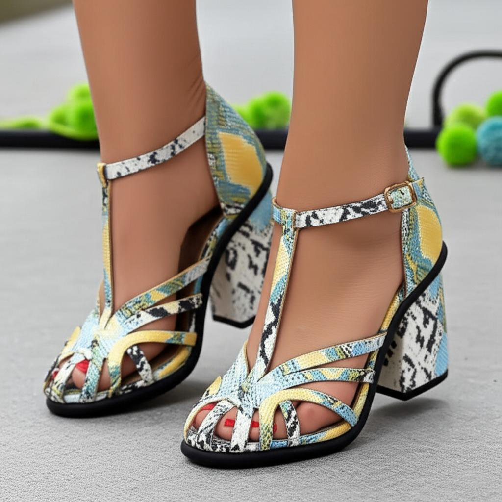 Printed Block Heel Ankle Strap Sandals