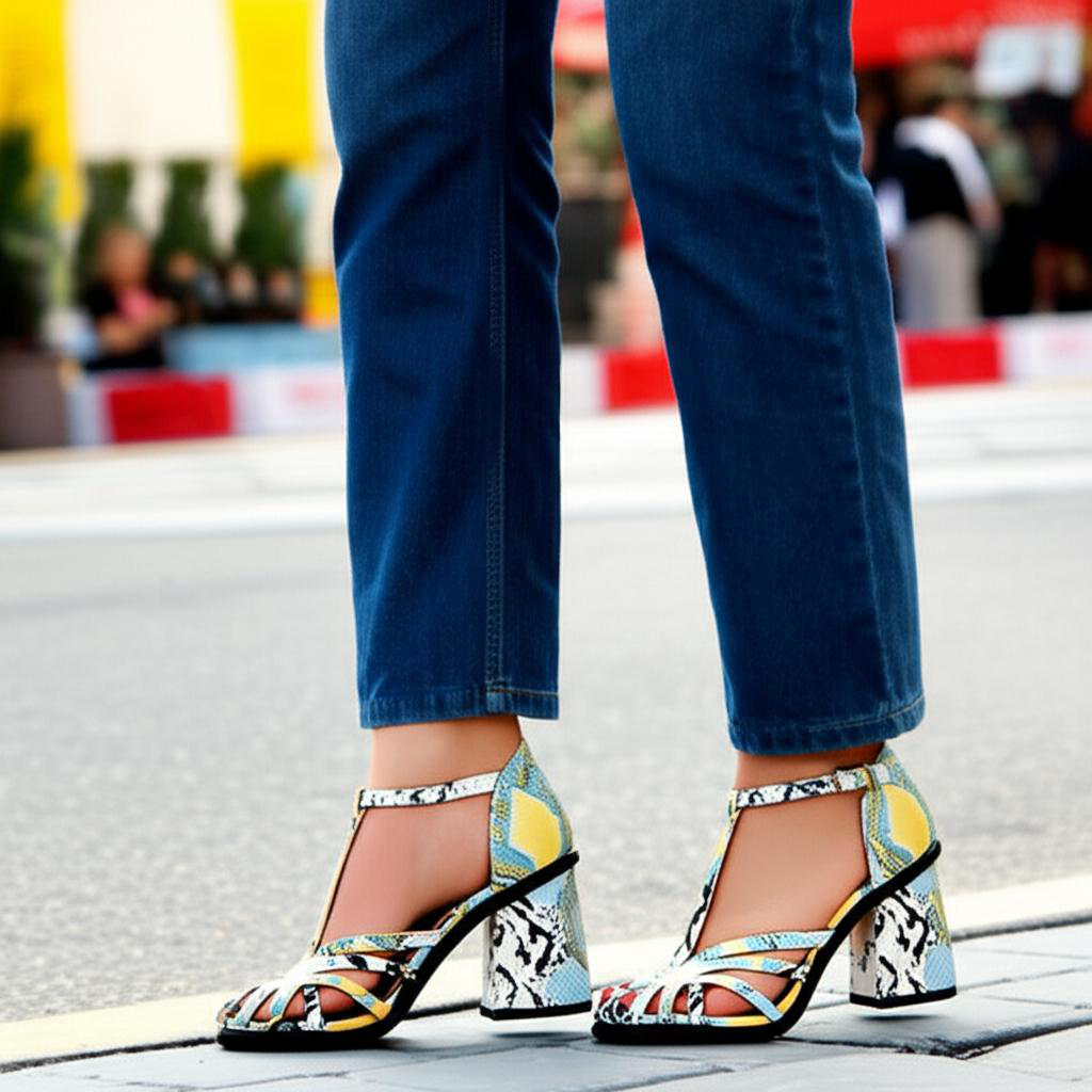 Printed Block Heel Ankle Strap Sandals
