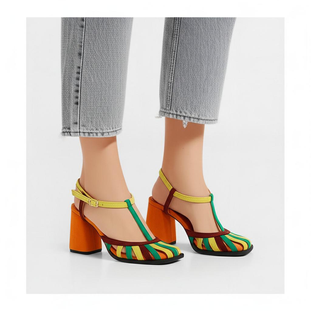 Color Block Strappy Block Heel Sandals