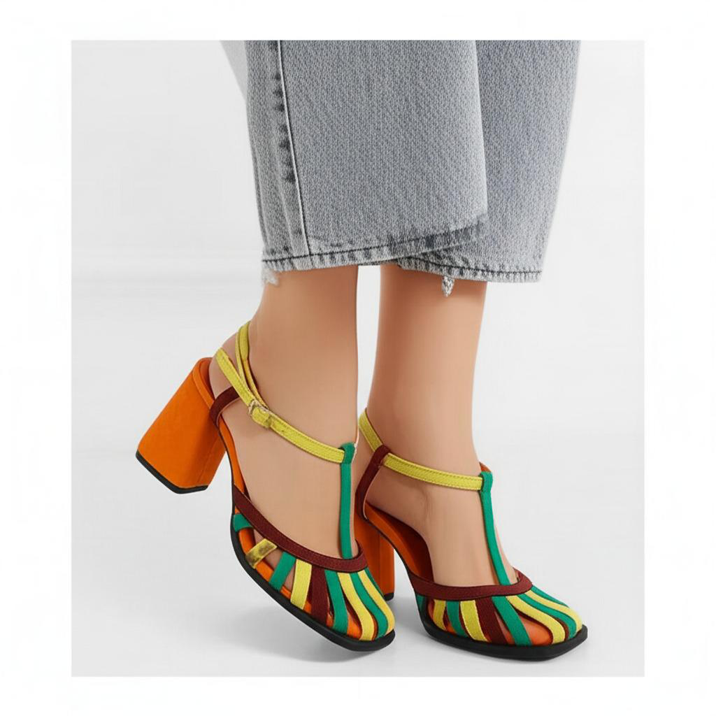 Color Block Strappy Block Heel Sandals