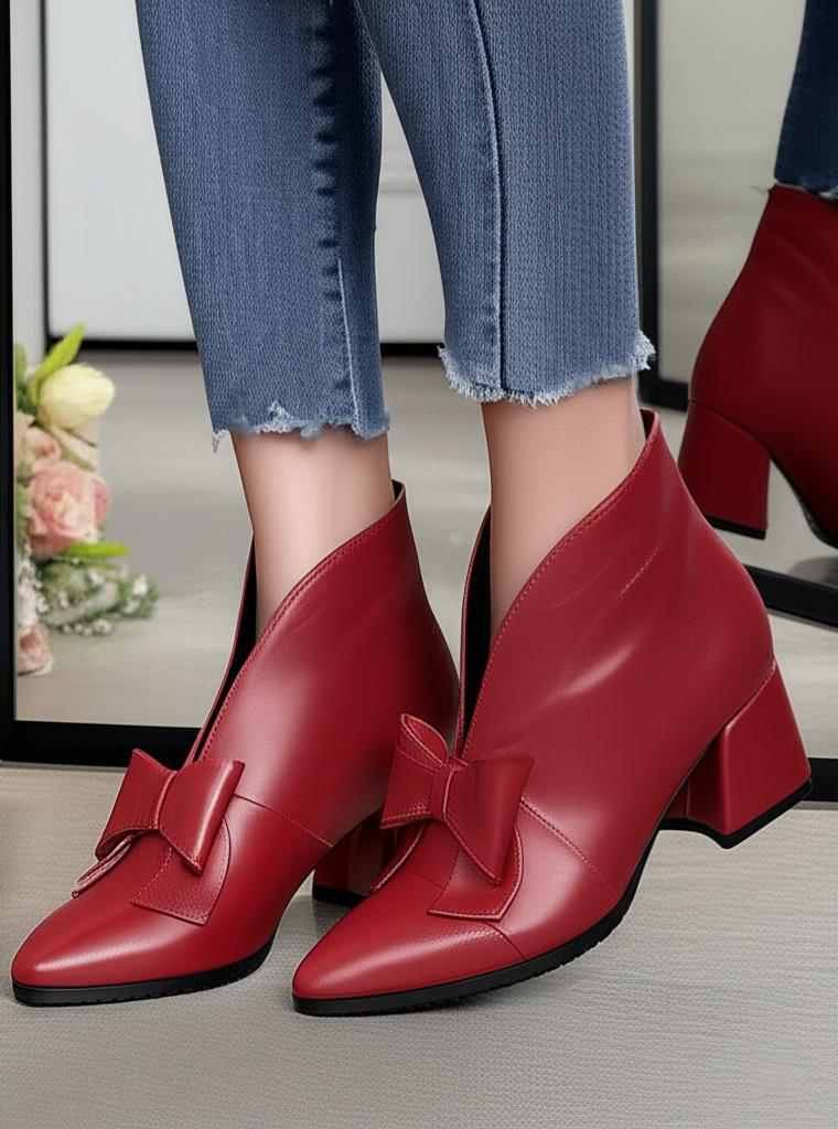 Bow Accent Block Heel Ankle Boots