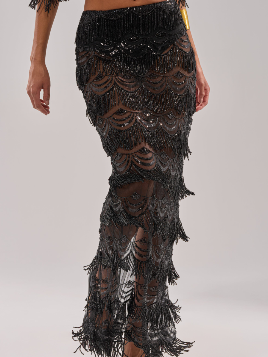 See-through Mesh Stitching Bead And Laminated Tassel Skirt Set