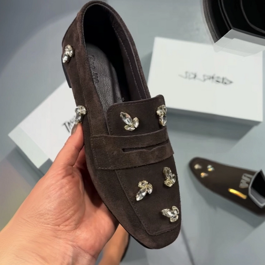 Suede Loafers with Crystal Embellishments