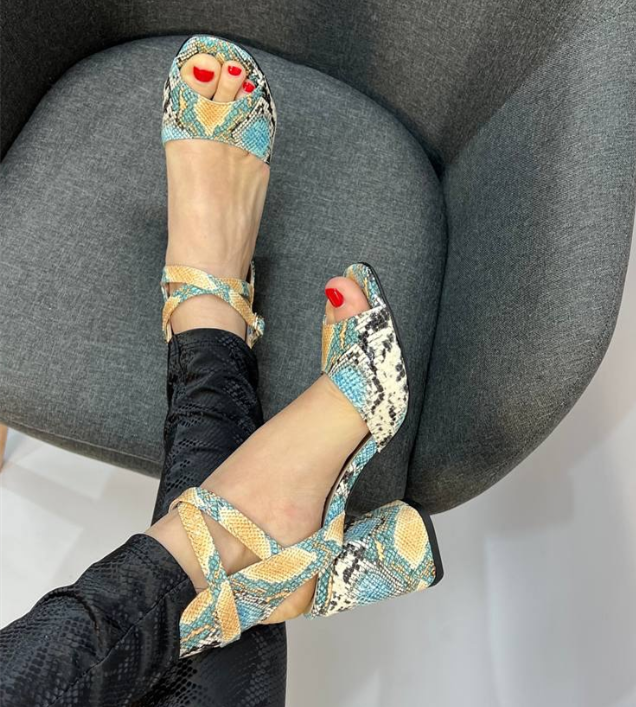 Snake Print Block Heel Ankle Strap Sandals