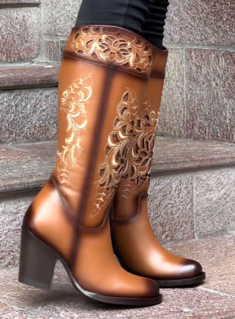 Embroidered Block Heel Knee High Boots