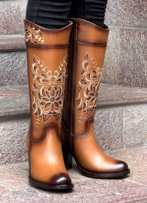 Embroidered Block Heel Knee High Boots