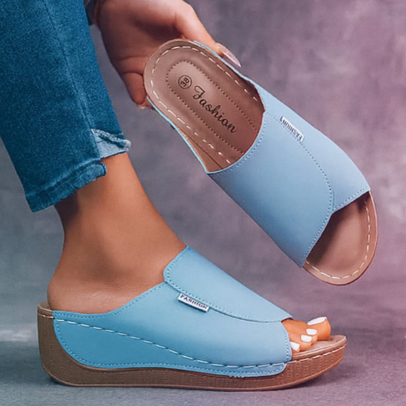 Peep Toe Wedge Slide Sandals