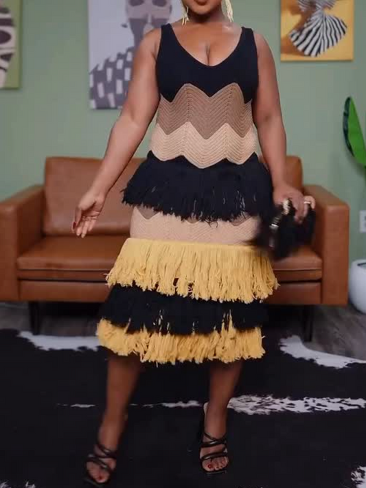 Dark V Contrast Knit Laminated Fringe Dress