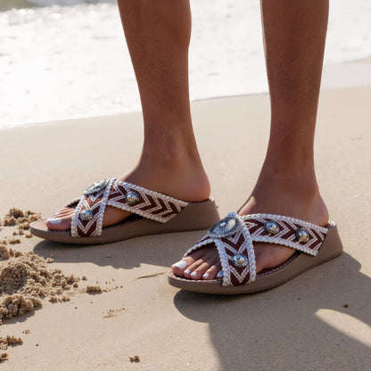 Style Embroidered Slide Sandals With Metal Accents