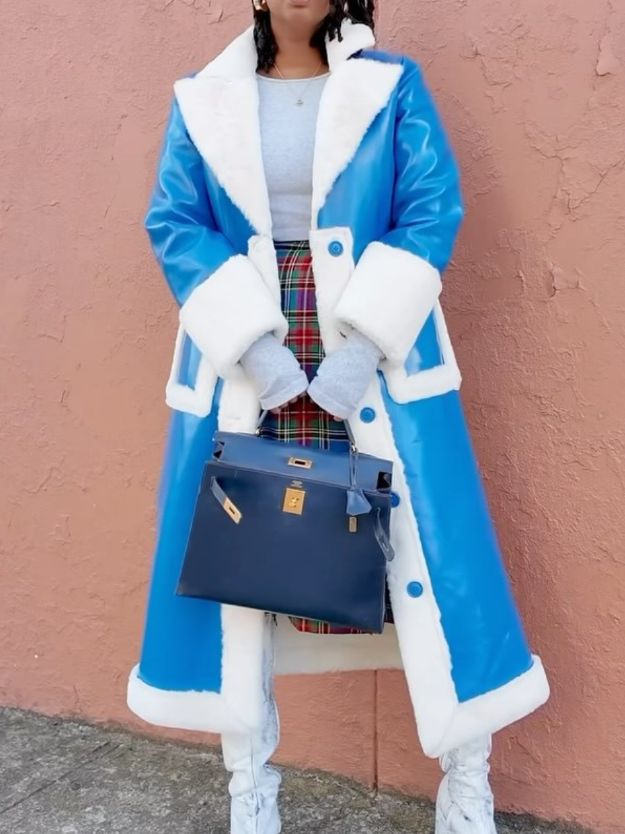 Patent Leather Plush-Trim Coat