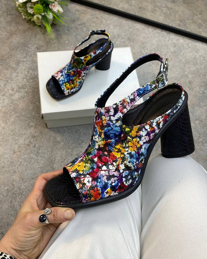 Floral Print Block Heel Ankle Strap Sandals