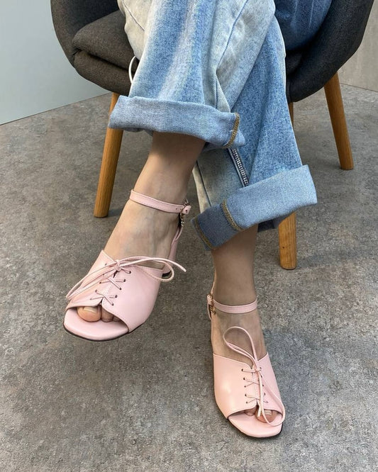 Lace Up Ankle Strap Block Heel Pumps