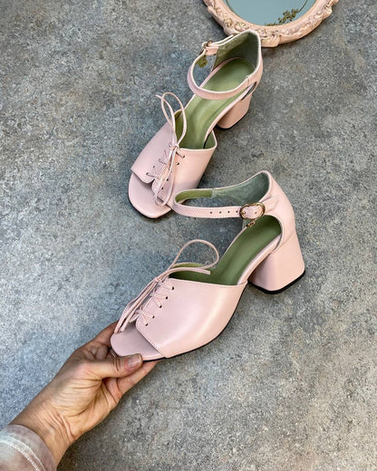 Lace Up Ankle Strap Block Heel Pumps