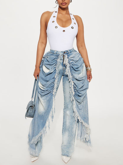 Distressed Ruched Denim Pants