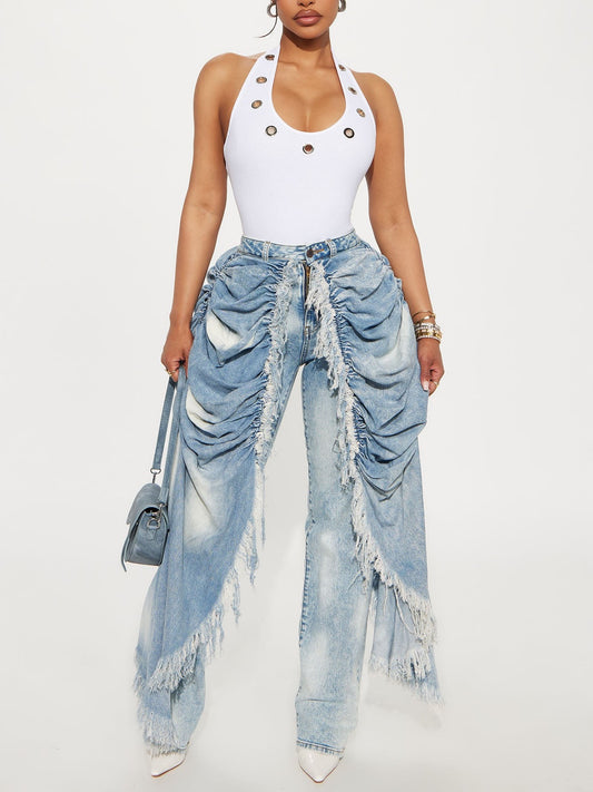 Distressed Ruched Denim Pants
