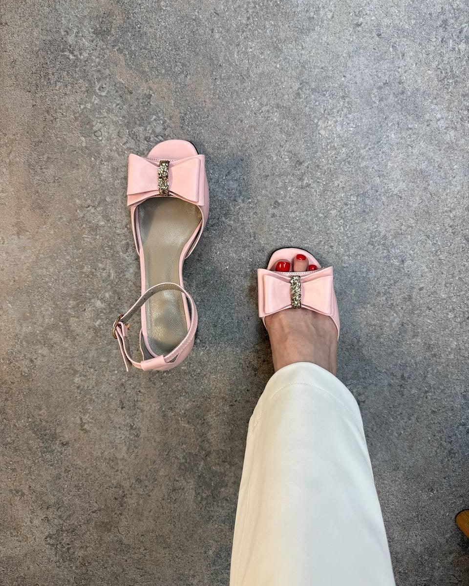 Bow Embellished Block Heel Ankle Strap Sandals